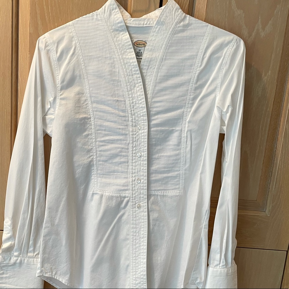 Talbots White Cotton Blouse with Pintuck Pleat Bib Front Size 10